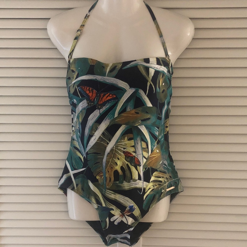 Vince Camuto Teal Black Tropical One-Piece Swimsuit with Butterfly Print